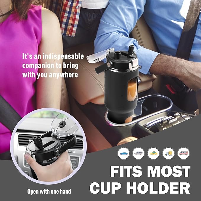 BLUEGO 40 oz Glass Water Bottles with Straw Time Marker, Glass Tumbler with Handle Top Lids, Easy to Clean, Fits in Car Cup Holder, Leakproof Jug for Gym, Sports, Workout & Daily, Black