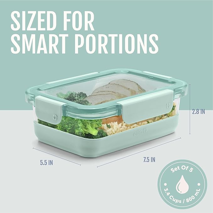 Ello Duraglass 3.4 Cup Meal Prep Sets 10Pc, 5 Pack Set- Glass Food Storage Container with Silicone Boot and Airtight BPA-Free Plastic Lids, Dishwasher, Microwave, and Freezer Safe, Garden Goals