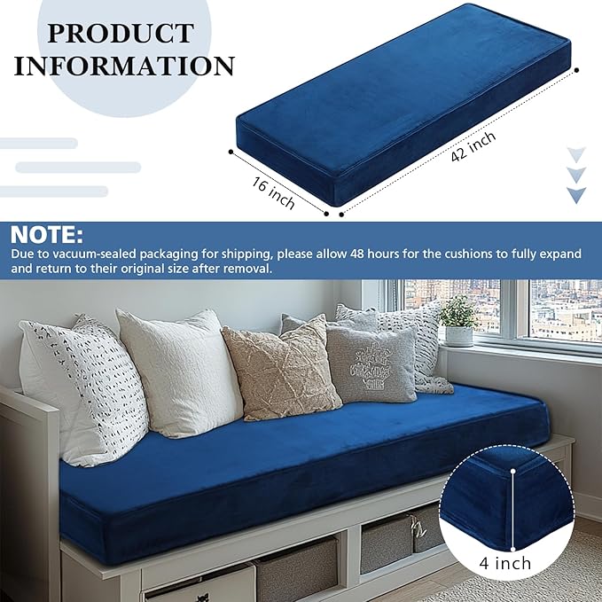 Wenqik Bench Cushions 42x16x4 Inch Window Seat Cushions for Indoor Furniture Velvet Kitchen Dining Bay Seat Tufted Porch Swing Thicken Bench Pad Memory Foam(Royal Blue)