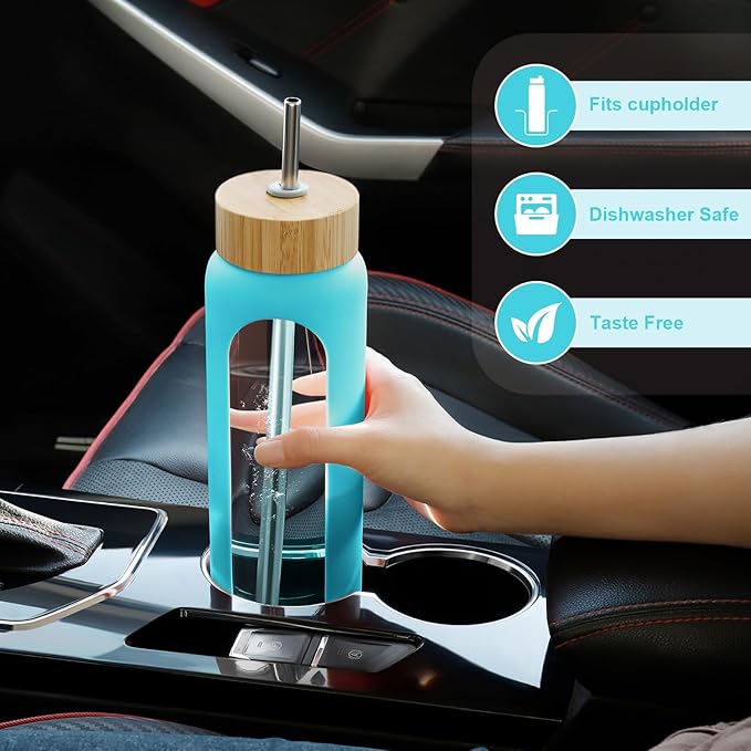 32 oz Glass Water Bottles - 1 Liter Motivational Tumbler Water Bottle Time Marker - Borosilicate Glass Water Bottle With Silicone Sleeve and 2 Lids, Handle Spout & Bamboo Straw Lid