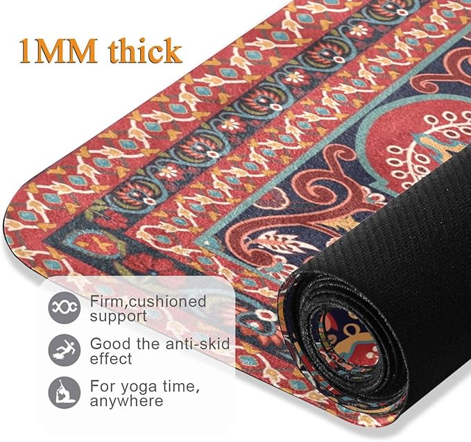 Kigai Yoga Mat Red Persian Design Fitness Mat Eco-Friendly Non Slip Portable Foldable Floor Workouts Mat for Pilates Home Gym Exercise Beach 70.8x26 inch