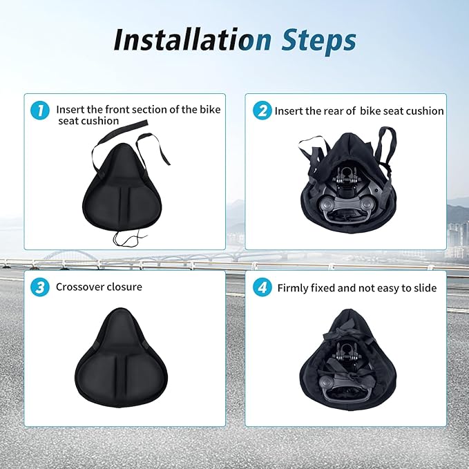 Bike Seat Cover, HUIOK Wide Gel Exercise Bike Seat Cushion for Women Men Comfort, Fits Spin, Stationary and Cruiser Bikes, Indoor Outdoor Cycling, Water Dust Resistant Cover Included