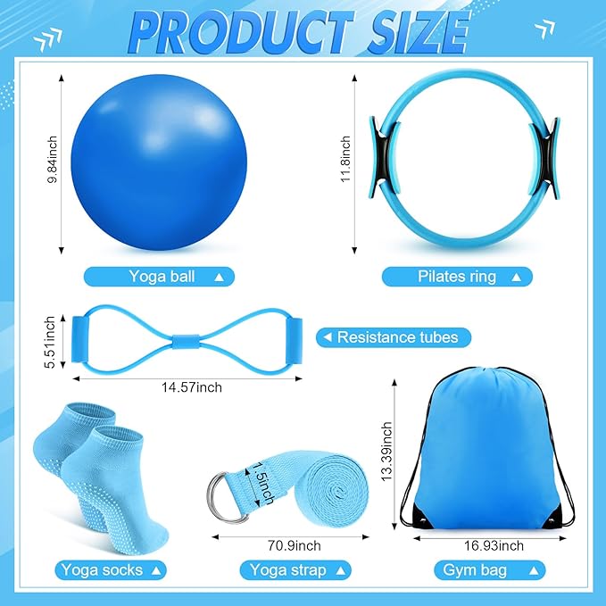 Poen 18 Pcs Pilates Ring Kit Home Pilates Ring Circle and Ball Set for Women Yoga Fitness Set with 5 Resistance Band Stretching Strap Non Slip Sock Ball Core Slider Wristband Headband Gym Bag(Blue)