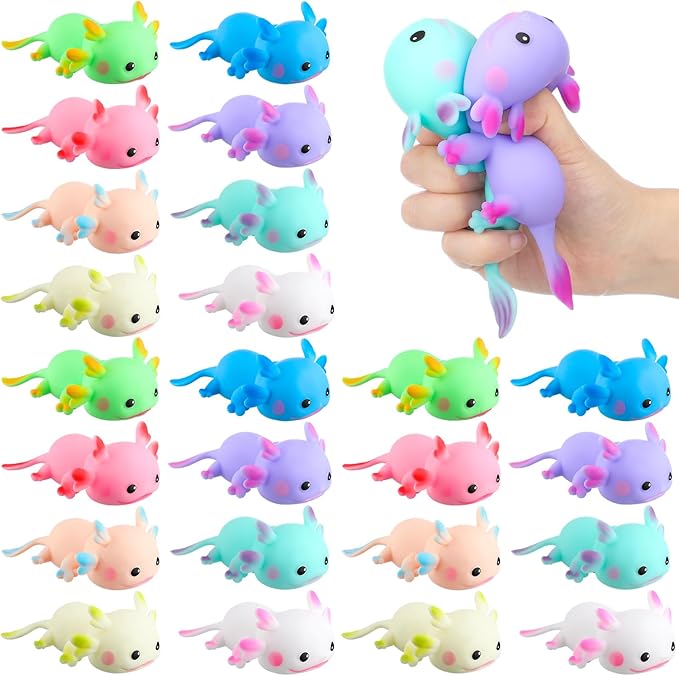 Meooeck 24 Pcs Axolotls Stress Relief Toys Mini Animal Toys for Stress Relief Cute and Fun Stress Toys Axolotl Birthday Party Decorations for Christmas, Office, Stocking Stuffer Gift