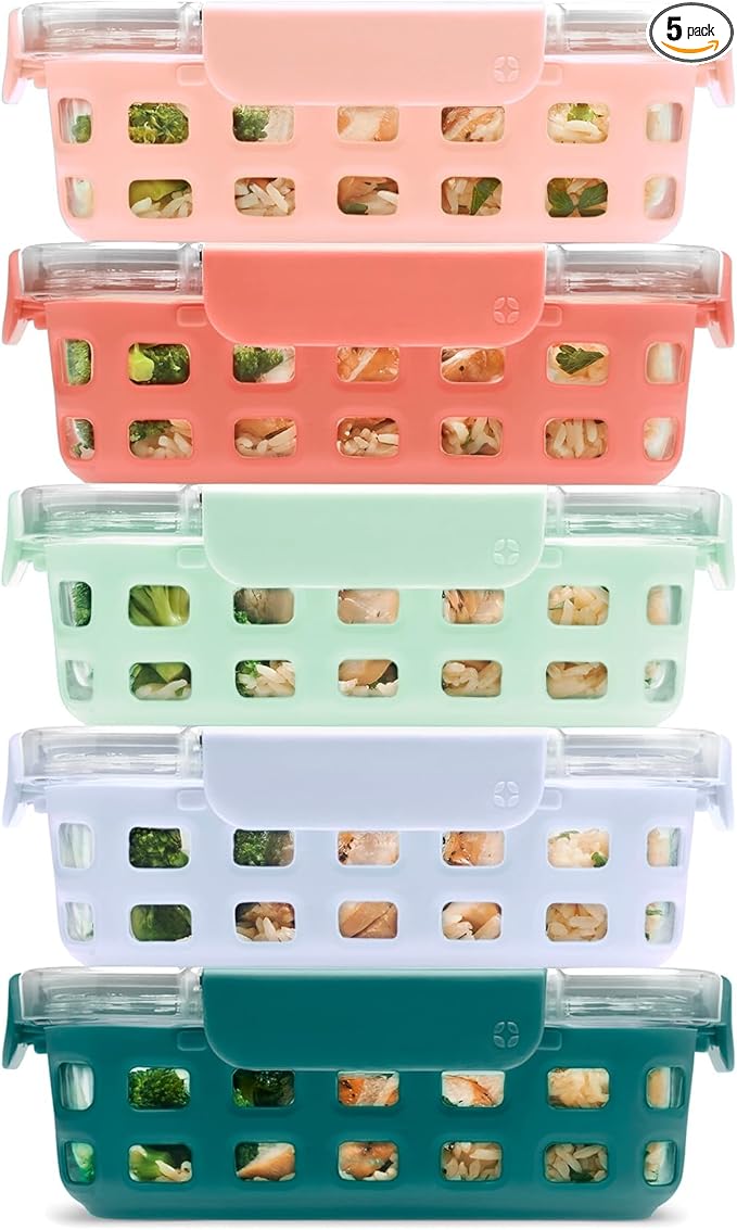 Ello Duraglass 3.4 Cup Meal Prep Sets 10Pc, 5 Pack Set- Glass Food Storage Container with Silicone Sleeve and Airtight BPA-Free Plastic Lids, Dishwasher, Microwave, and Freezer Safe, Melon