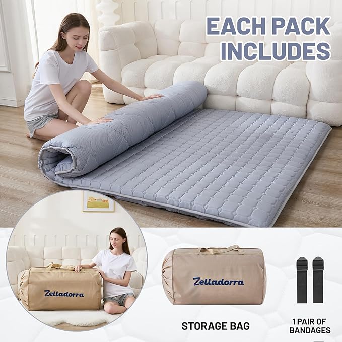 Japanese Floor Mattress Full, Anti-Slip Japanese Futon Foldable Tatami Mat for Guests, Grey