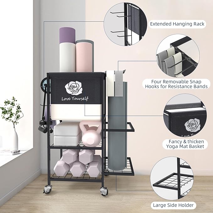 Yoga Mat Storage Rack，Home Gym Storage Rack Gym Workout Equipment Storage Organizer Fitness Weight Rack on Wheels for Yoga Mat,Yoga Block,Foam Roller,Resistance Band,Dumbbell,Kettlebell and Other Workout Accessories