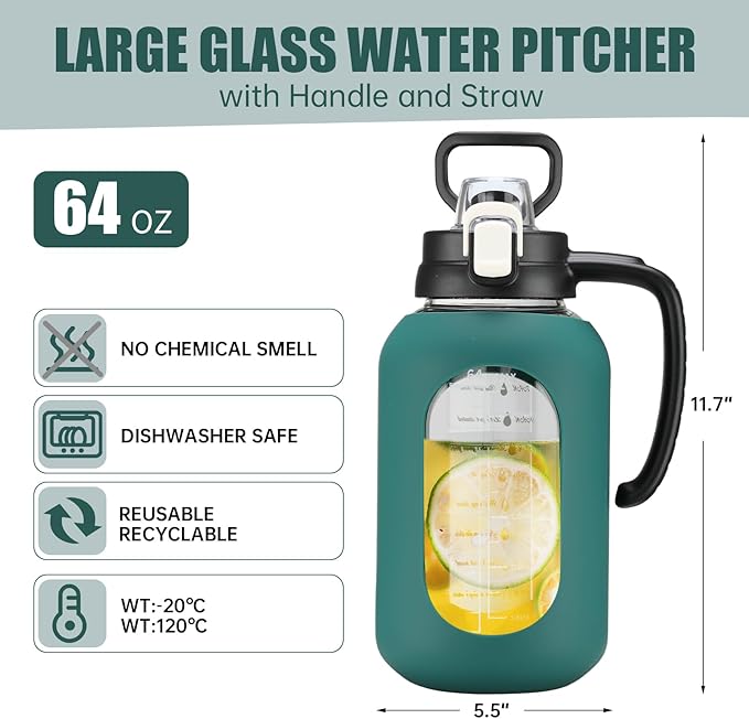 64 oz Glass Water Bottle with Straw and Handle Half Gallon Water Jug with Silicone Sleeve Large Water Bottle for Office, Gym, Outdoor Sports