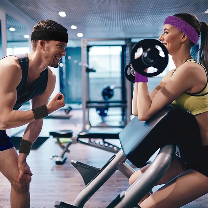 60 Pieces Sweatbands Set Includes 20 Sports Headband and 40 Wristbands Sweatbands Colorful Terry Cloth Wristbands for Working Out Tennis Gym 80s Sweat Band for Athletic Men and Women