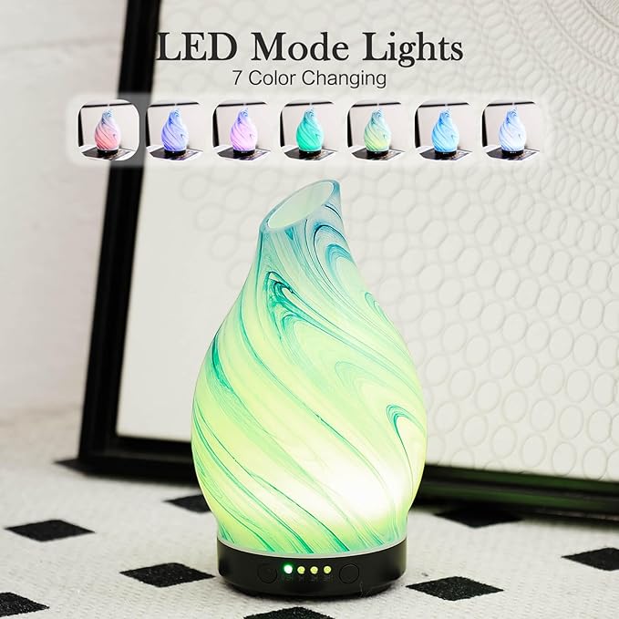 Porseme 150ml Essential Oil Diffuser Glass Color Changing Aroma Air Diffusers Aromatherapy Ultrasonic Cool Mist Humidifier 6 Running Hours Waterless Auto-Off for Sleeping Yoga Office (Mini Blue Ink)
