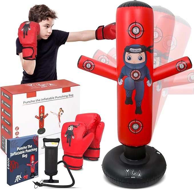 PUNCHO Punching Bag for Kids: 63" Kids Punching Bags 3-8 with Gloves, Pump, PUNCHO eBook - Kid Boxing Bag Set & Birthday Gift - Inflatable Punching Bag for Kid 8-12 with 5 Targets - Boxeo para Niños
