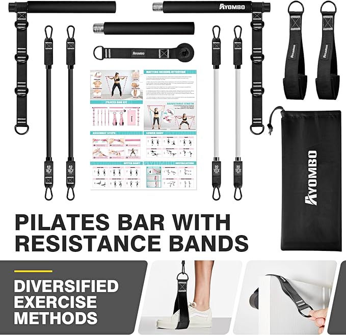 Pilates Bar Kit with Resistance Bands, Pilates Workout Equipment for Legs, Hip, Waist, Arm, Squats Exercise Equipment for Home Workouts, Adjustable 3-Section Pilates Bar Kit for Women & Men