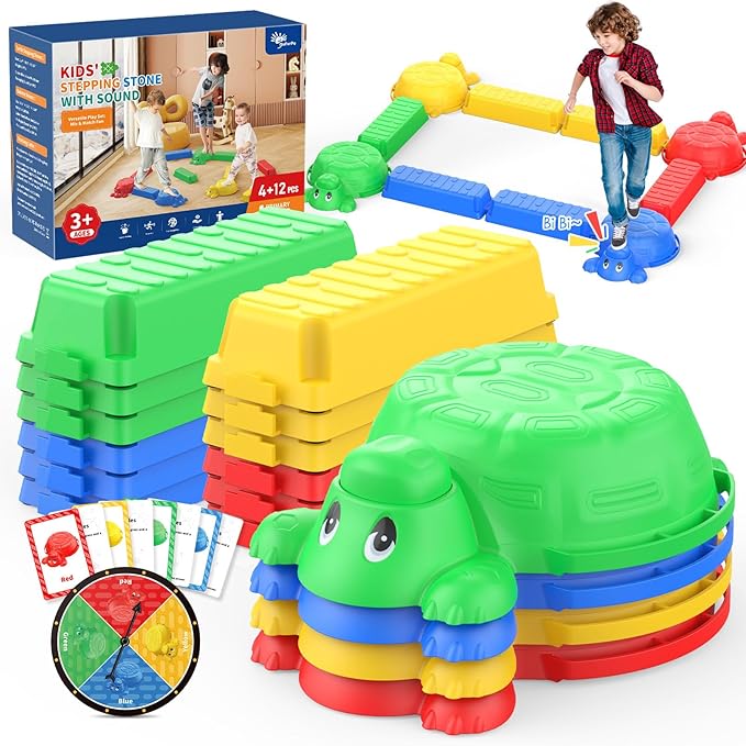 16 Pcs Balance Beam and Stepping Stones for Kids - 4 Turtle Shape Stepping Stones and 12 Connectable Beams with Sound Feature,Color Spinner, Riddle Cards, Fun Balance Training and Obstacle Course