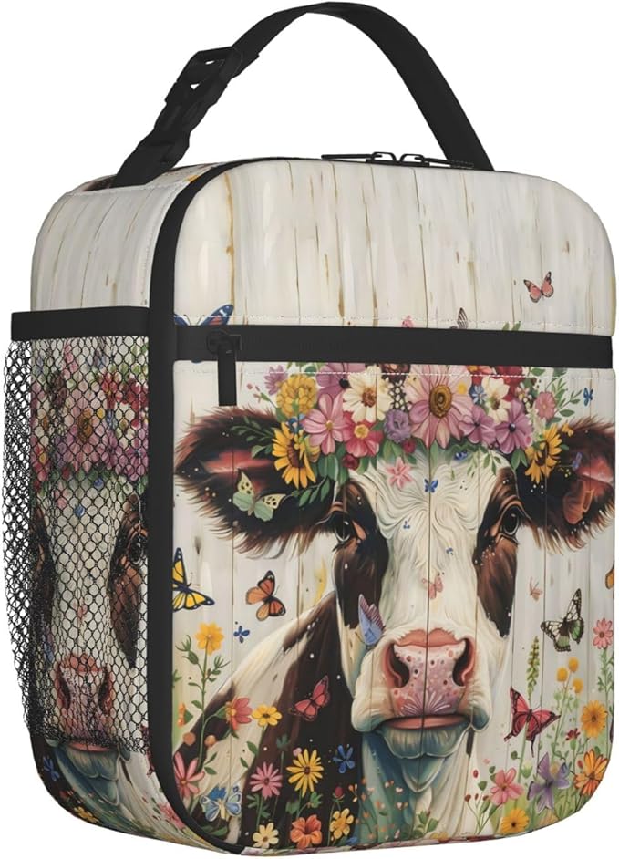 Crown Cow Polyester Lunch Box for Kids Teen,Cute Reusable Thermal Lunch Bag for Adult Women,Farm Flower Insulated Tote Cooler Bags for School,Work,Picnic,Travel,Whimsical Meadow Theme