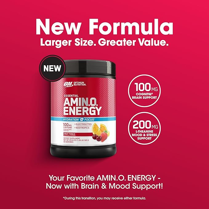 Optimum Nutrition Amino Energy Powder Plus Focus, with BCAA, Electrolytes, and Caffeine, Fruit Punch, 65 Servings (Packaging May Vary)