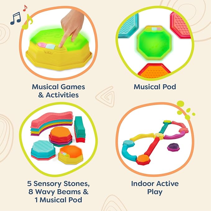B. toys – Balance Beam for Kids – Musical Games & Activities – 5 Sensory Stones, 8 Wavy Beams & 1 Musical Pod – Indoor & Outdoor Active Play – 3 Years + – Balance & Groove Set