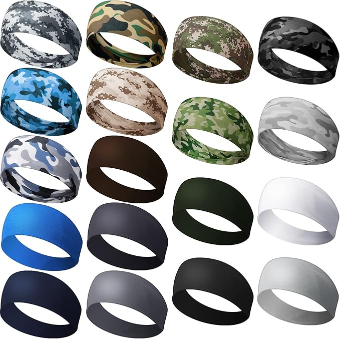 18 Pcs Sports Sweatbands for Men Women Camo Headbands Workout Non Slip Headbands Breathable Head Band Fitness Stretchy Unisex Hairband for Yoga Running Cycling Ball