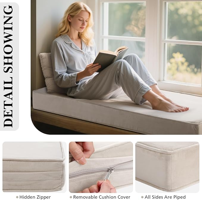 Wenqik Bench Cushions 42x16x4 Inch Window Seat Cushions for Indoor Furniture Velvet Kitchen Dining Bay Seat Tufted Porch Swing Thicken Bench Pad Memory Foam (Ivory White)