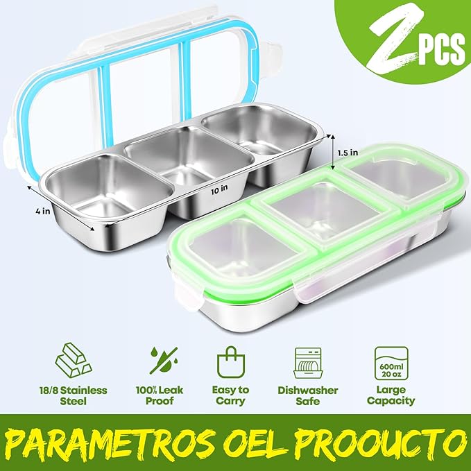 2 Pack Stainless Steel Snack Containers with Lids - Reusable 3 Compartment Snackle Box Container Divide Wet Dry Leakproof Metal Food Storage Containers for School, Home, Travel (Blue + Green)