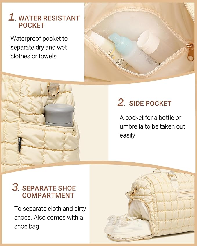 Duffle Bag for Travel, Weekender Bag with Shoe Compartment, Carry On Overnight Bag for Women with Toiletry Bag, Gym Bag with Wet Pocket, Hospital Bags for Labor and Delivery Beige