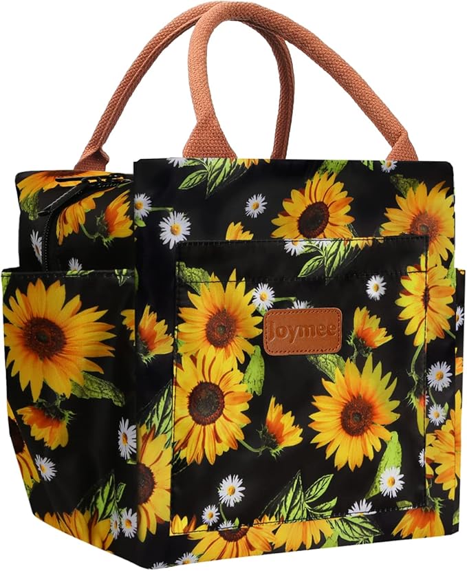 Joymee Lunch Bag Women Insulated Lunch Box Reusable Leakproof Large Spacious Cooler Tote for Womens Mens Adults with Bottle Holder and Side Pockets for Work Office Travel Picnic - Sunflower