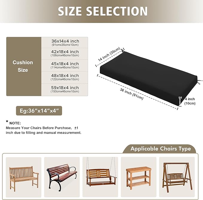 Outdoor Bench Cushion Waterproof 59"x18" – Fade-Resistant Patio Furniture Cushion with Ties for Loveseat, Porch Swing or Indoor Bench Replacement, Black