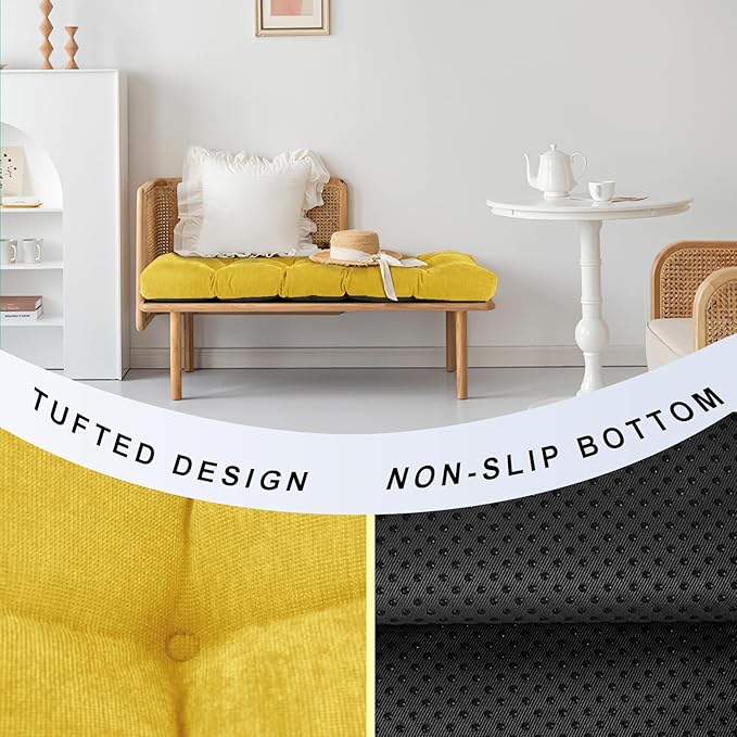 Bench Cushion 48 Inch - Chenille Fabric, High-Density Foam, Non-Slip Bottom, Soft Durable Indoor Tufted Long Seat Cushion for Window Garden Furniture (Yellow, 48x16x4 Inch)