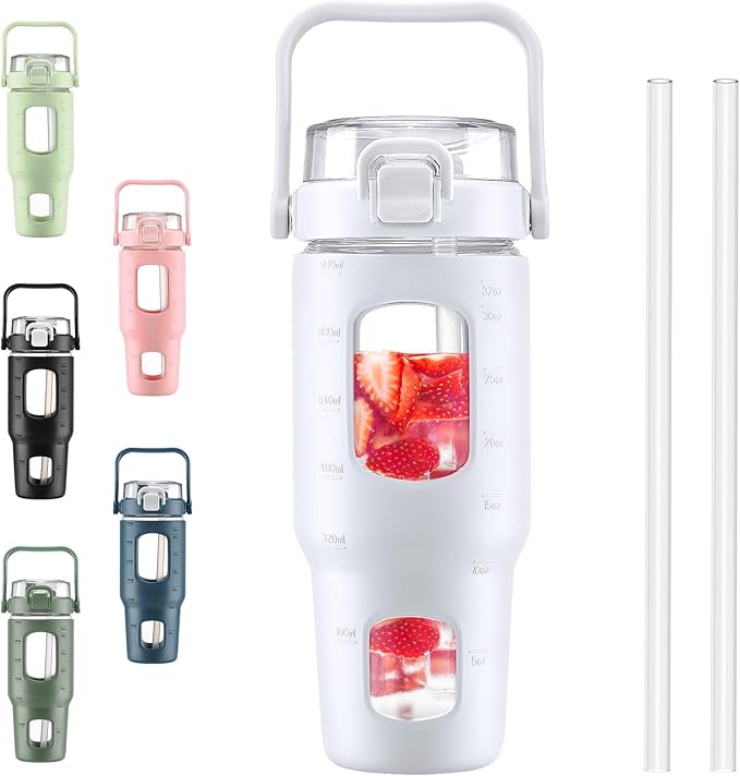 BLUEGO 32oz Glass Water Bottles with Straw Time Marker Half Gallon Large Motivational Water Bottle with Silicone Sleeve 2 Liter Large Glass Water Jug for Gym, Sports& Workout, Daily, White