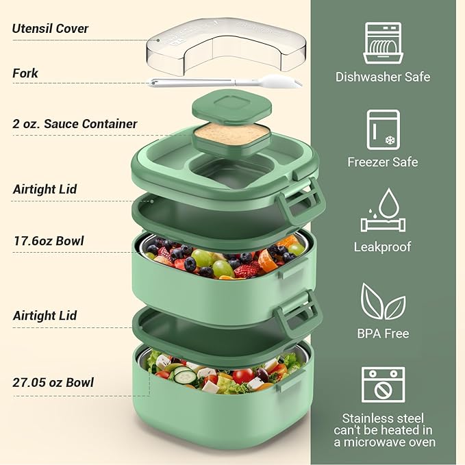 Double-Layer Bento Lunch Box for Kids & Adults with Removable Stainless Steel Dividers,Dressing Container,BPA-Free,Dishwasher Safe - Includes Utensil,(Green,Non-Insulated)