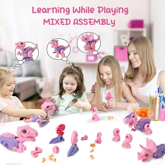 FREE TO FLY Girls Toys Take Apart Dinosaur: Pink Dinosaur Play Set for Kids 3-5 5-7, Stem Learning Educational Montessori for 3 4 5 6 7 8 Year Old Girls Toddlers Autism Sensory Xmas Birthday Gifts