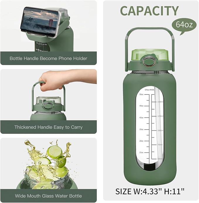 64oz Glass Water Bolttles with Straw Half Gallon Large Motivational Water Bottle with Time Marker Sports Water Bottles with Silicone Sleeve and Handle Lid Water Jug for Gym Workout