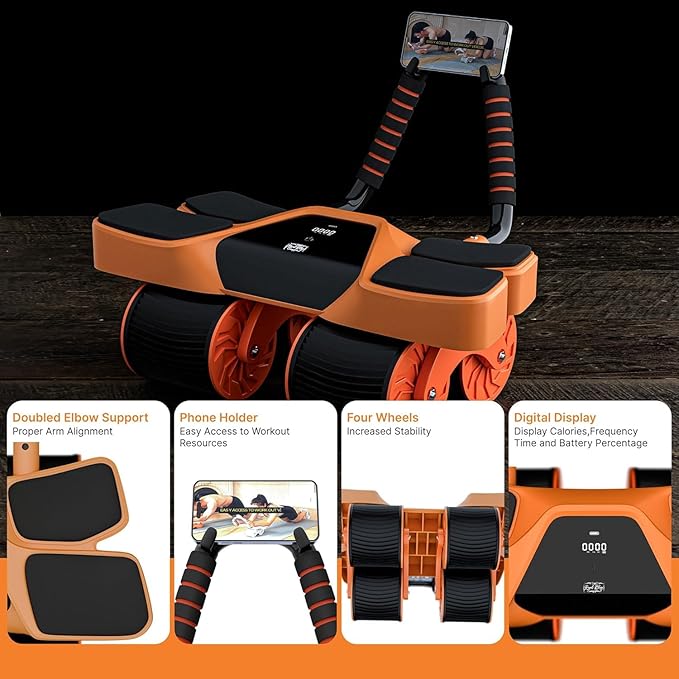 2025 New 4-Wheel Abdominal Roller with Elbow Support : Latest Upgraded High-Performance Exercise Machine With Automatic Rebound, Multi- layered Anti-Slip Design with Calorie Counting LCD Screen