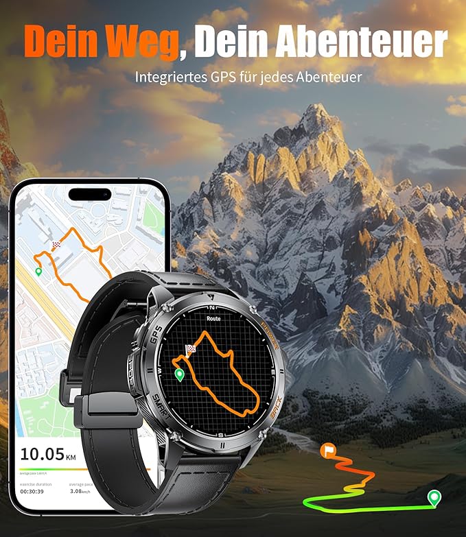 GPS Smart Watch for Men with LED Light/530mAh Battery, 1,43'' AMOLED Military Smartwatch with Compass/Barometer/Altimeter, Heart Rate/Sleep, 5ATM Waterproof Fitness Watch for Android iOS, Black