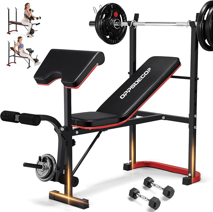 OPPSDECOR 661LBS Weight Bench Set, 8 in 1 Adjustable Bench Press with Squat Rack Leg Extension & Leg Curl Workout Bench with Safety Bar Catches Standard Weight Training Benches for Home Gym