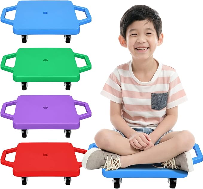 Jerify 4 Pieces Sports Scooter Board with Handles Plastic Casters Floor Sitting Scooter Boards for Kids Children Gym Indoor Outdoor Activities Play Equipment, 11.22 x 11.22 inch
