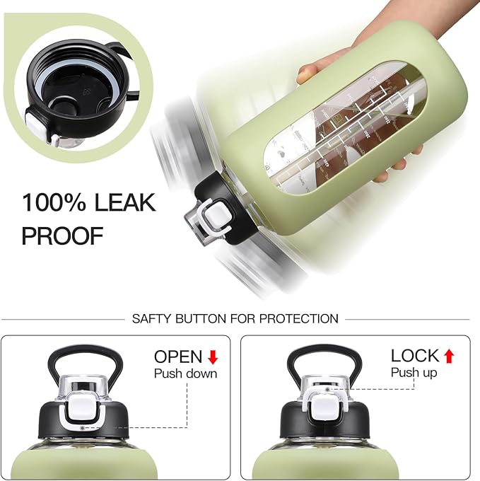 64 oz Glass Water Bolttles with Straw Half Gallon Large Motivational Water Bottle with Time Marker Sports Water Bottles with Silicone Sleeve and Handle Lid Water Jug for Gym Workout