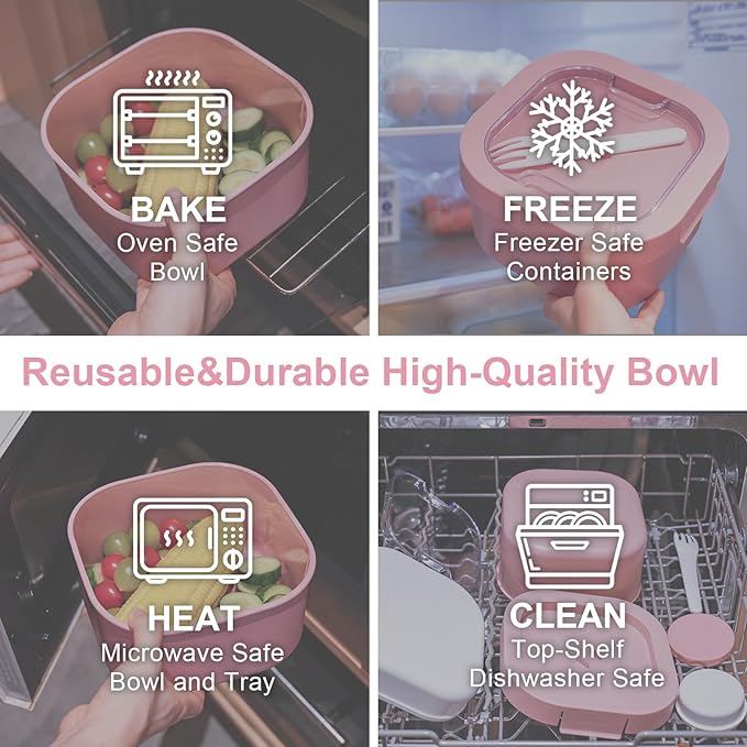 All-in-One Bento Box Container - Large 61-oz Adult Lunch Box with Bag, 4-Compartment Bento-Style Tray, 3-oz Sauce Container, and Reusable Fork - Dishwasher, Microwave (Pink)