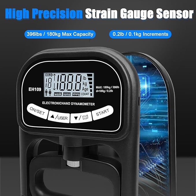 Grip Strength Tester 396 lbs/180 kg with Backlit LCD Display, Digital Hand Grip Dynamometer Records Up to 19 Users, Adjustable Grip Strength Trainer 11–220 lbs for Sports, Rehab, Home & School Use