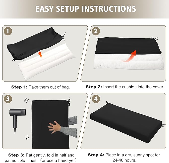 Outdoor Bench Cushion Waterproof 42"x18" – Fade-Resistant Patio Furniture Cushion with Ties for Porch Swing, Loveseat, or Indoor Bench Replacement, Black