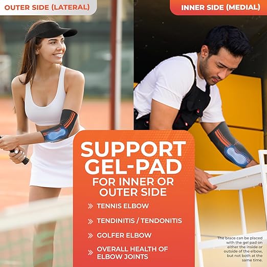 DR. BRACE® Elite Elbow Brace Support, Breathable Elbow Compression Sleeve with Gel Pad for Golfer's, Tennis Elbow & Tendonitis Treatment & Pain Relief 2024 (Grey-Orange, Large)