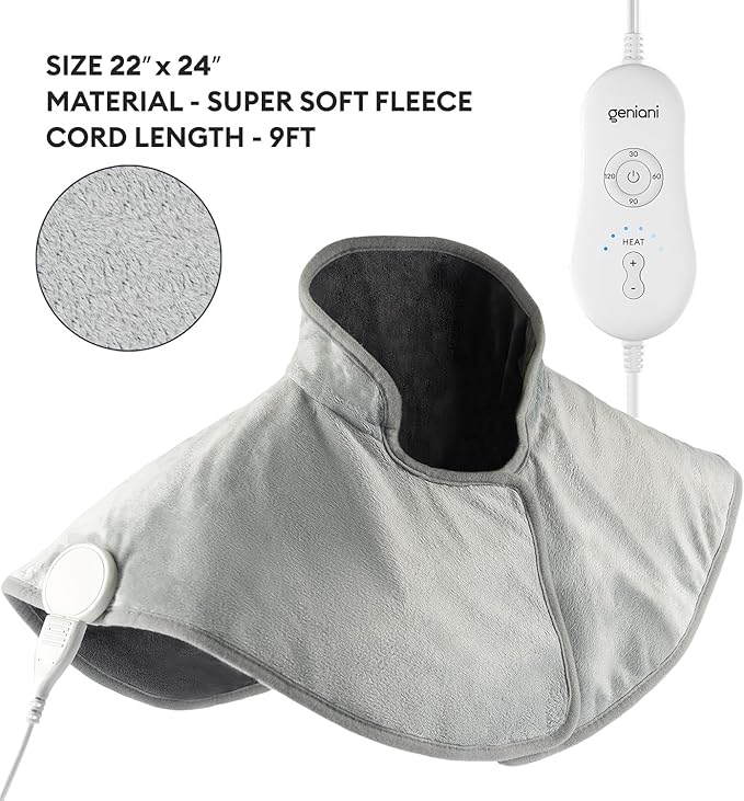 GENIANI Electric Throw - Heating Pad for Neck and Shoulders, Large Heated Pad for Neck Pain, Shoulder Heating Wrap with 4 Auto Shut-Off, 6 Heat Settings, Pain Relief - 22"x24"