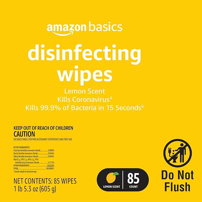 Amazon Basics Disinfecting Wipes, Lemon & Fresh Scent, Sanitizes/Cleans/Disinfects/Deodorizes, 340 Count (4 Packs of 85)