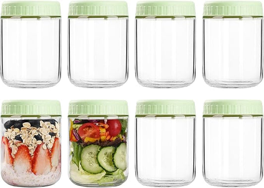 Overnight Oats Containers with Lids, 16oz Glass Jars with Lids 8 pcs, Light Green, Wide Mouth Mason jars for Salad, Yogurt, Snacks, Meal Prep