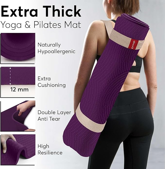 Extra Thick 12mm Exercise Mat – Non-Slip, Joint-Friendly & Cushioned Fitness Mat for Yoga, Pilates & Floor Workouts – Durable, Supportive & Includes Feetlu Classic Strap