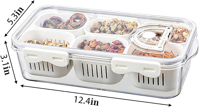 MineSign Divided Food Serving Tray with Lids Stackable Snackle Box for Candy Nuts Spice Fruit&Veggie Container with 6 Small Dividers Plastic Storage Bins for Fridge Pantry Freezer