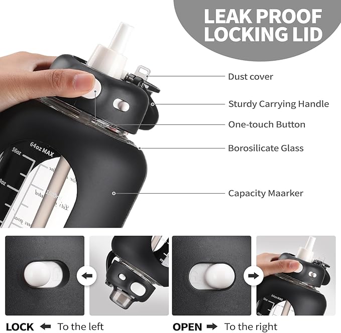 SIEROZUR 64 oz Borosilicate Glass Water Bottle with Straw, Motivational Sports Bottle, Durable Silicone Sleeve, Time Marker, for Gym, Sports, Workout, Daily