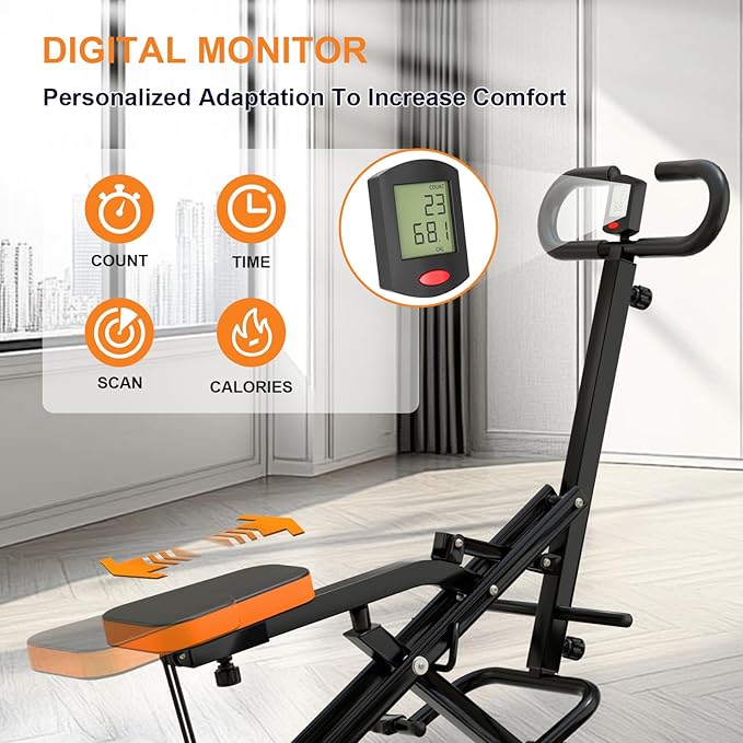 Squat Machine, Ab Workout Equipment, 265lbs Loading Capacity Rowing Machines for Home Foldable with Adjustable Resistance Bands and Display, Exercise Trainer for Botty Butt Thighs