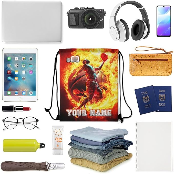 Custom Basketball Drawstring Backpack - Cool Cinch Sack, String Backpacks for Kids Women Men Boys Girls for Gym Outdoor Sports Travel Athletic Drawstring Bag - Lightweight/Foldable