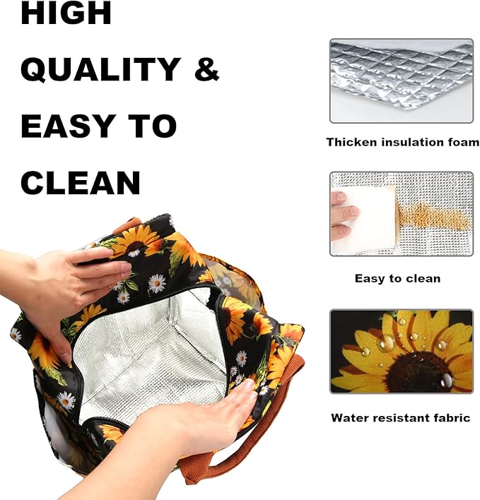 Joymee Lunch Bag Women Insulated Lunch Box Reusable Leakproof Large Spacious Cooler Tote for Womens Mens Adults with Bottle Holder and Side Pockets for Work Office Travel Picnic - Sunflower