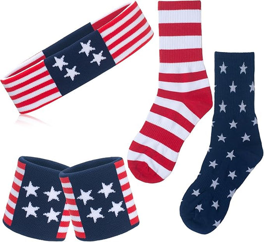 ONUPGO 5 Pieces Sweatbands Striped Socks Set Sports Headband Wristbands High Tube Socks 80s Accessories Costumes
